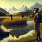 Scenic image of three fishermen by calm river, mountains, and trees reflected in water.