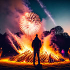 Nighttime bonfire gathering with vibrant fireworks display