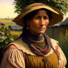 Woman in traditional attire with wide-brimmed hat in rural sunset scene