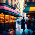 Colorful vintage street scene with people and storefronts.