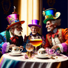 Colorful Costumed Individuals at Whimsical Tea Party in Luxurious Baroque Setting