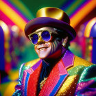 Colorful character in multicolored suit with sunglasses and neon background