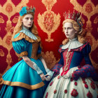 Two women in historical royal attire with intricate hairstyles on red backdrop