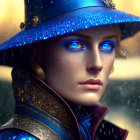 Person with piercing blue eyes in embellished blue hat against shimmering raindrops