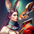 Surreal portrait: Woman with rabbit head in vintage attire