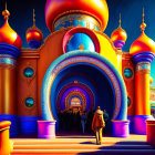 Colorful Digital Artwork: People in Suits Walking to Ornate Portal