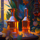 Copper Stills Surrounded by Foliage and Grapes on Reflective Table at Dusk