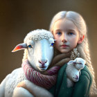 Blonde girl embracing white sheep with colorful scarves in twilight scene