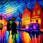 Colorful painting of couple walking on wet street at night