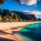 Tranquil Tropical Beach with Thatched Huts and Palm Trees