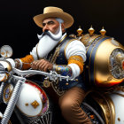 Illustrated man with long white beard on steampunk motorcycle.