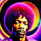 Colorful Psychedelic Portrait of Man with Afro in Vibrant Circles