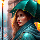 Woman under green umbrella on rainy city street with glowing lamps