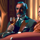 Elegant man with mustache and woman in orange in luxurious scene