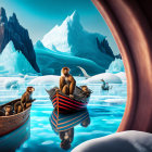 Monkeys on boats among icebergs with one standing on blue and red vessel