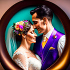 Illustration of bride and groom in wedding attire with circular border