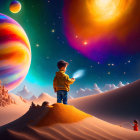 Child with flashlight on desert dune gazes at surreal cosmic scene