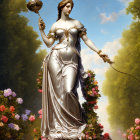 Classical woman statue with scepter and orb in nature setting