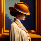 Stylized person in broad-brimmed hat and light suit against blue wall