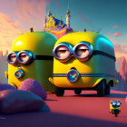 Colorful Castle in Surreal Desert Landscape with Animated Minions