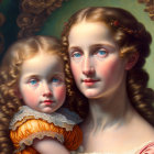 Vintage Attire: Classical Oil Painting of Two Young Girls in Delicate Features