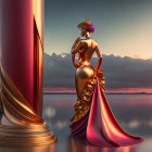 Woman in Red Gown Between Pillars Overlooking Lakeside at Sunset