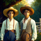 Vintage farm clothing boys by wooden fence in lush greenery