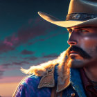 Man with Mustache in Cowboy Hat & Jacket Against Sunset Sky