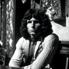 Monochrome image of person with bob haircut at bar with intricate background details