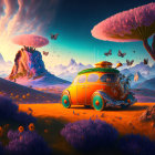 Colorful digital artwork: whimsical landscape with oversized mushrooms, retro-futuristic car, and sunset