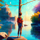 Boy admires vibrant lakeside landscape with church, trees, and rowboat