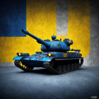 Blue and Yellow Tank with Cannons and Spotlights on Concrete Floor