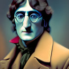 Male Figure Portrait with Round Glasses, Red Scarf, and Tan Coat