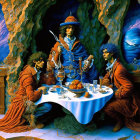 Fantasy scene with robed figures, distinct hairstyles, wizard in blue hat