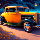 Vintage Orange Car in Surreal Landscape with Blue Trees and Purple Sky