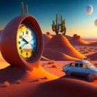 Surreal landscape with giant ornate clock in desert dune