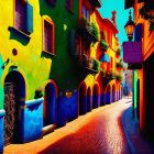 Colorful Buildings and Cobblestone Street Scene with Person Sitting by Blue Railings