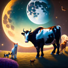 Surreal landscape with cow, cats, and fantastical moons