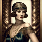 1920s flapper woman in elegant attire with bob haircut and beaded headband