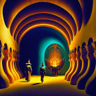 Mystical corridor with arched luminescent ribs and wizard silhouettes among ancient statues under