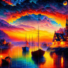 Scenic sunset view of seaside village with boats, lit houses, and castle under crescent moon