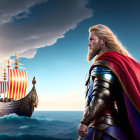 Animated regal figure in armor and red cape gazes at distant ship under dramatic sky