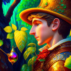 Stylized young man in gold-trimmed clothing with glowing purple potion