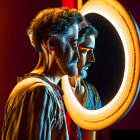 Curly-Haired Man Reflecting in Mirror with Circular Light