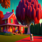 Colorful sunset scene with red house, trees, garden, and dog