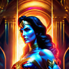 Colorful Wonder Woman artwork with glowing lasso and golden armor on Art Deco background