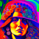 Colorful Psychedelic Digital Artwork of Woman in Floral Hat