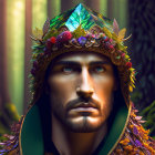 Man with Leaf Crown and Green Gem in Enchanted Forest