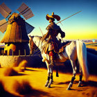 Knight on horseback with lance near windmill in desert sunset.