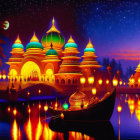 Night scene of colorful domed buildings reflecting on water with people and boat under starry sky